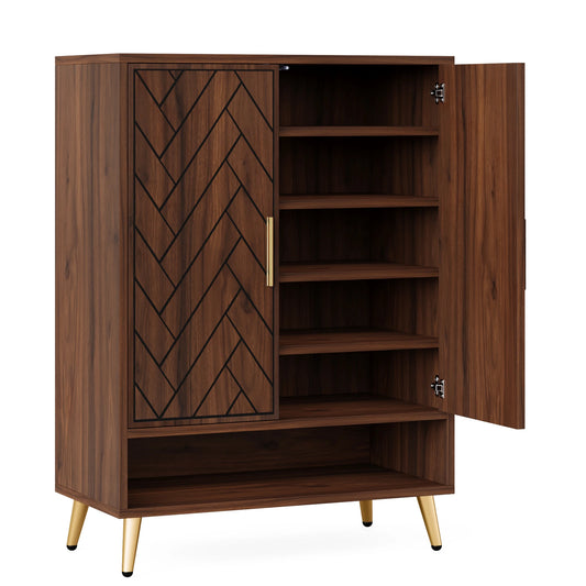 Tribesigns 6 Tier Shoe Cabinet With Doors Walnut Wood Adjustable Shelves