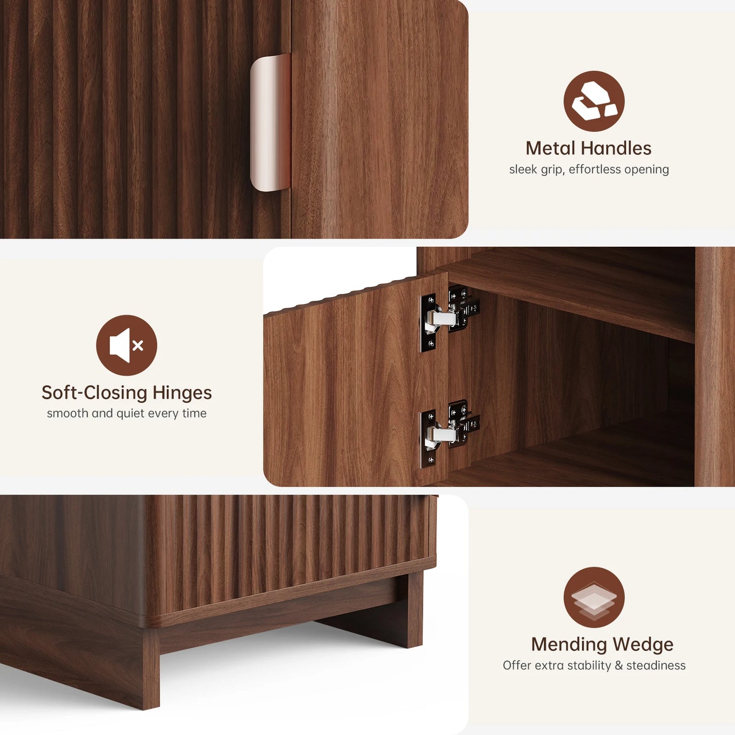 TinyNest Nightstand With Charging Station Fluted Wood Storage Drawers