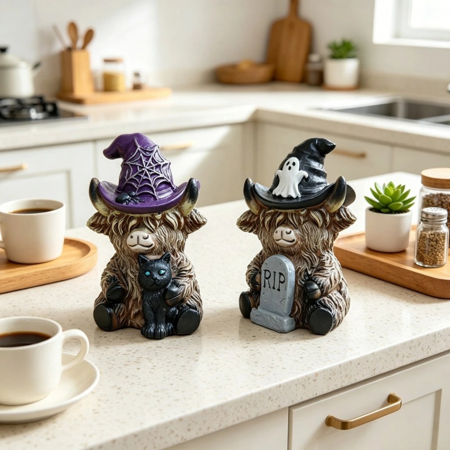 Highland Cow Resin Figurine Set For Halloween Home Decor
