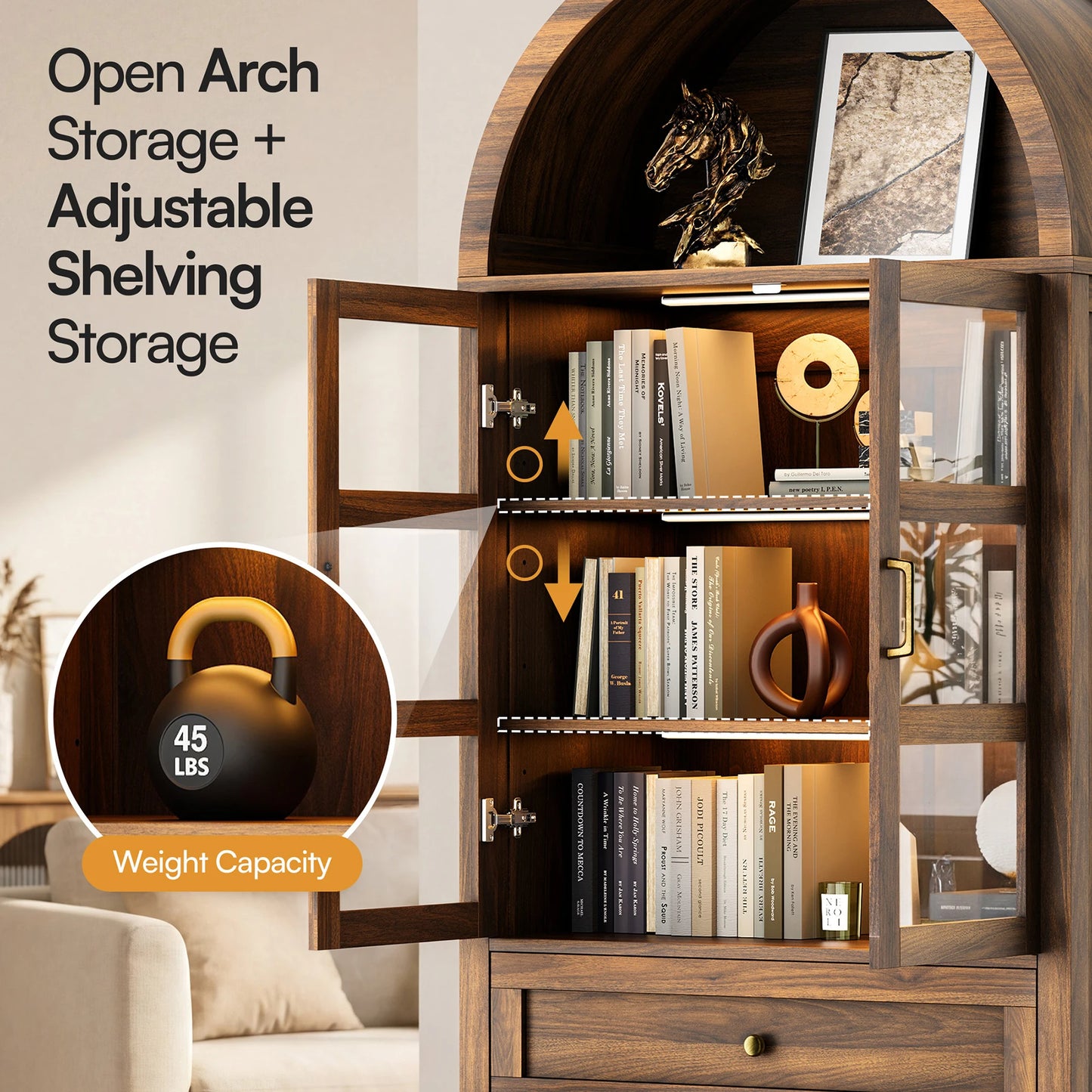 Furgle Arched Wood Storage Cabinet With Adjustable Shelves And Dimmable LED