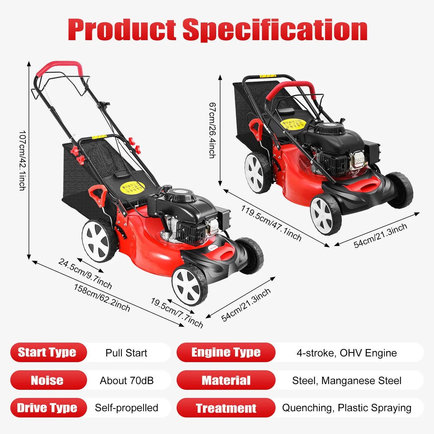 Self Propelled Gasoline Lawn Mower 140cc Four Stroke Adjustable Height