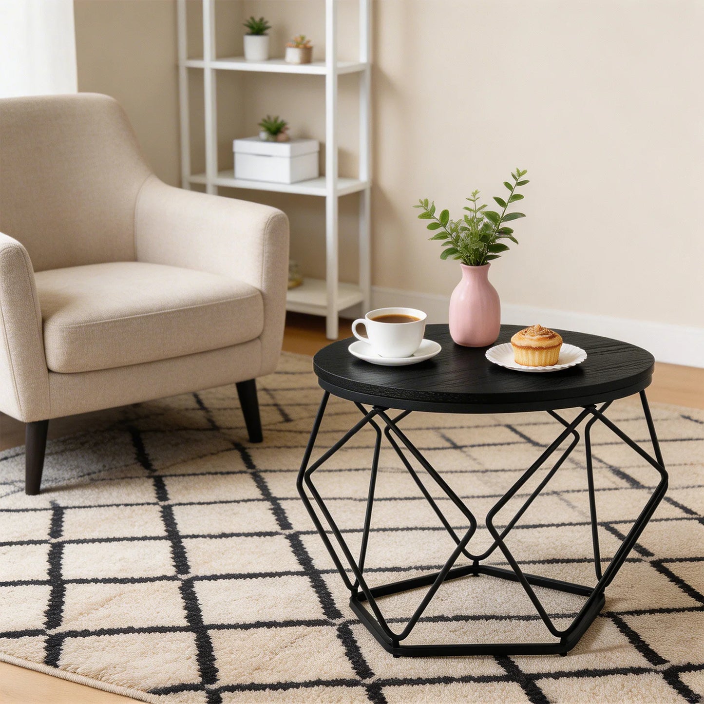 JHK Round Geometric Coffee Table Set With Nesting Side Tables