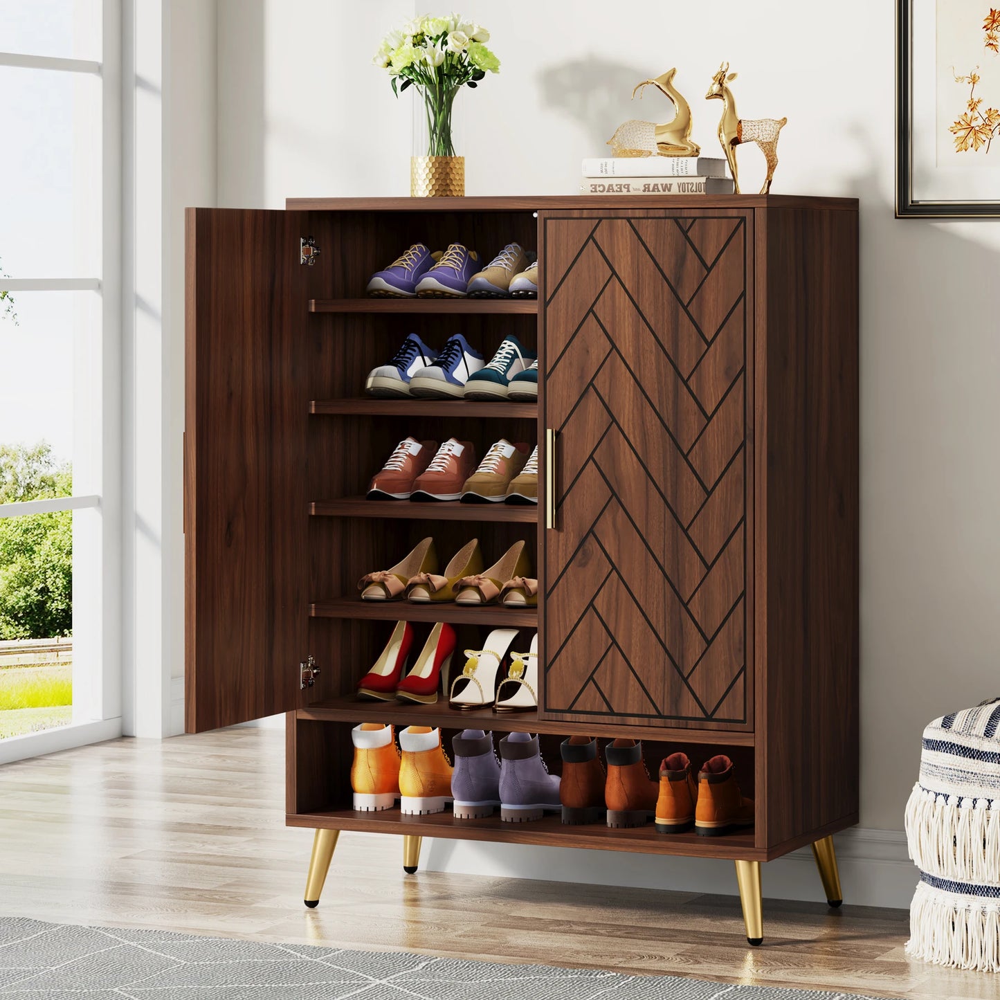 Tribesigns 6 Tier Shoe Cabinet With Doors Walnut Wood Adjustable Shelves