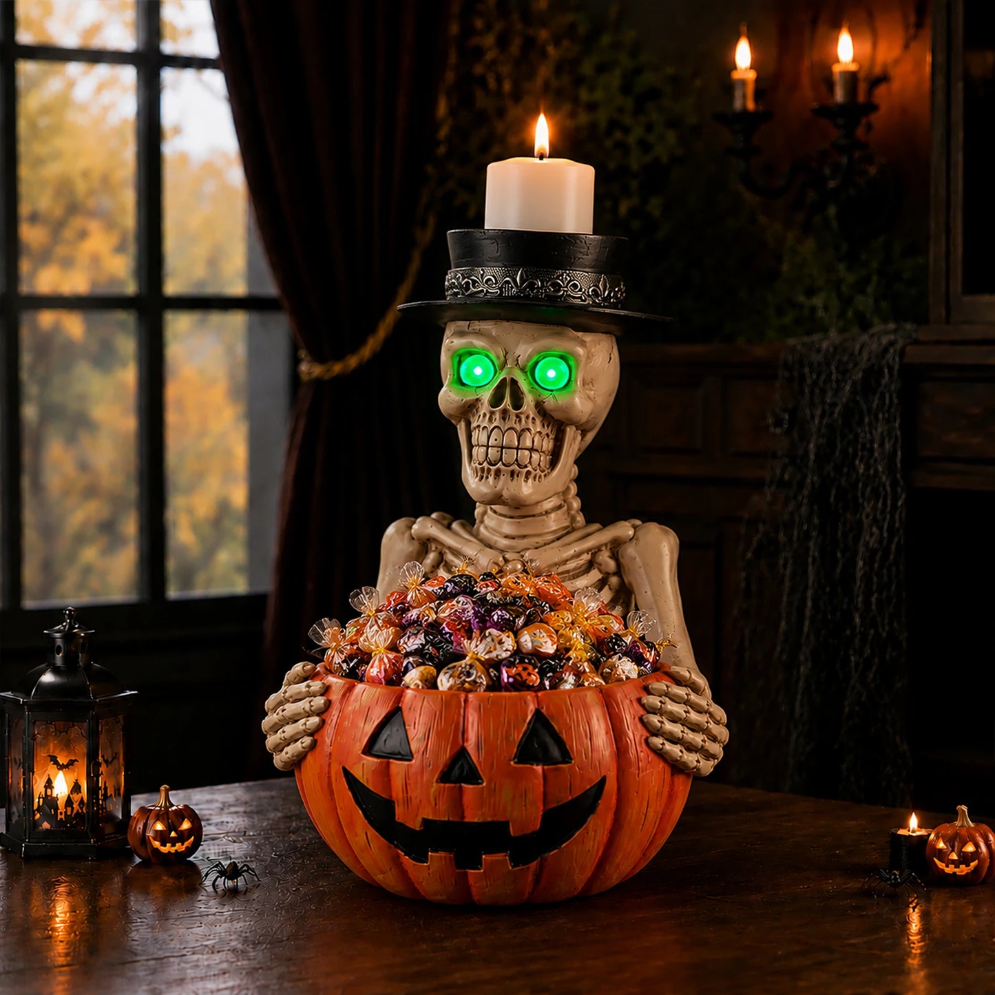 Halloween Resin Skeleton With Pumpkin Bowl Candle Holder Glow