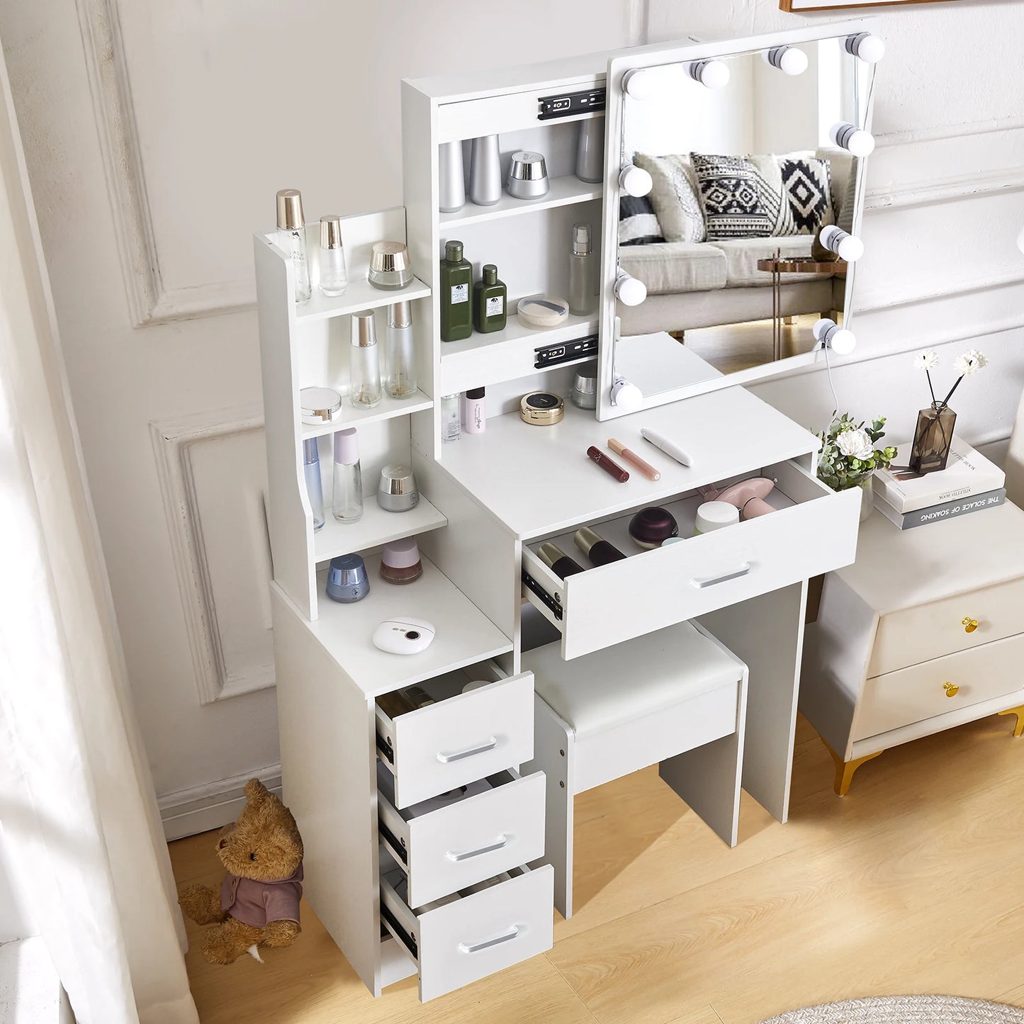 Yamissi LED Vanity Table Sliding Mirror And Four Drawers Stool