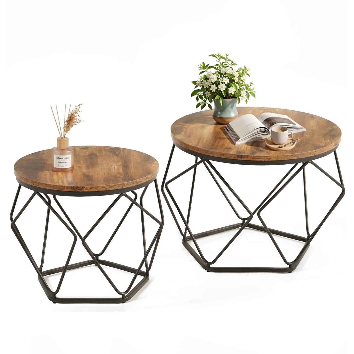 JHK Round Geometric Coffee Table Set With Nesting Side Tables