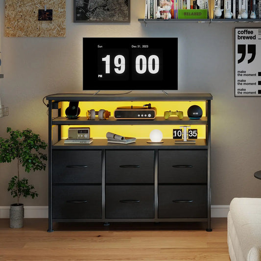 JHK TV Stand Dresser With Six Fabric Drawers And Wood Top