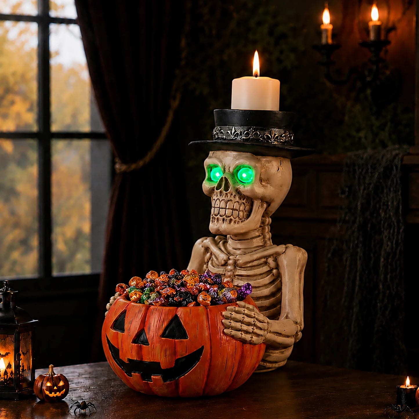 Halloween Resin Skeleton With Pumpkin Bowl Candle Holder Glow
