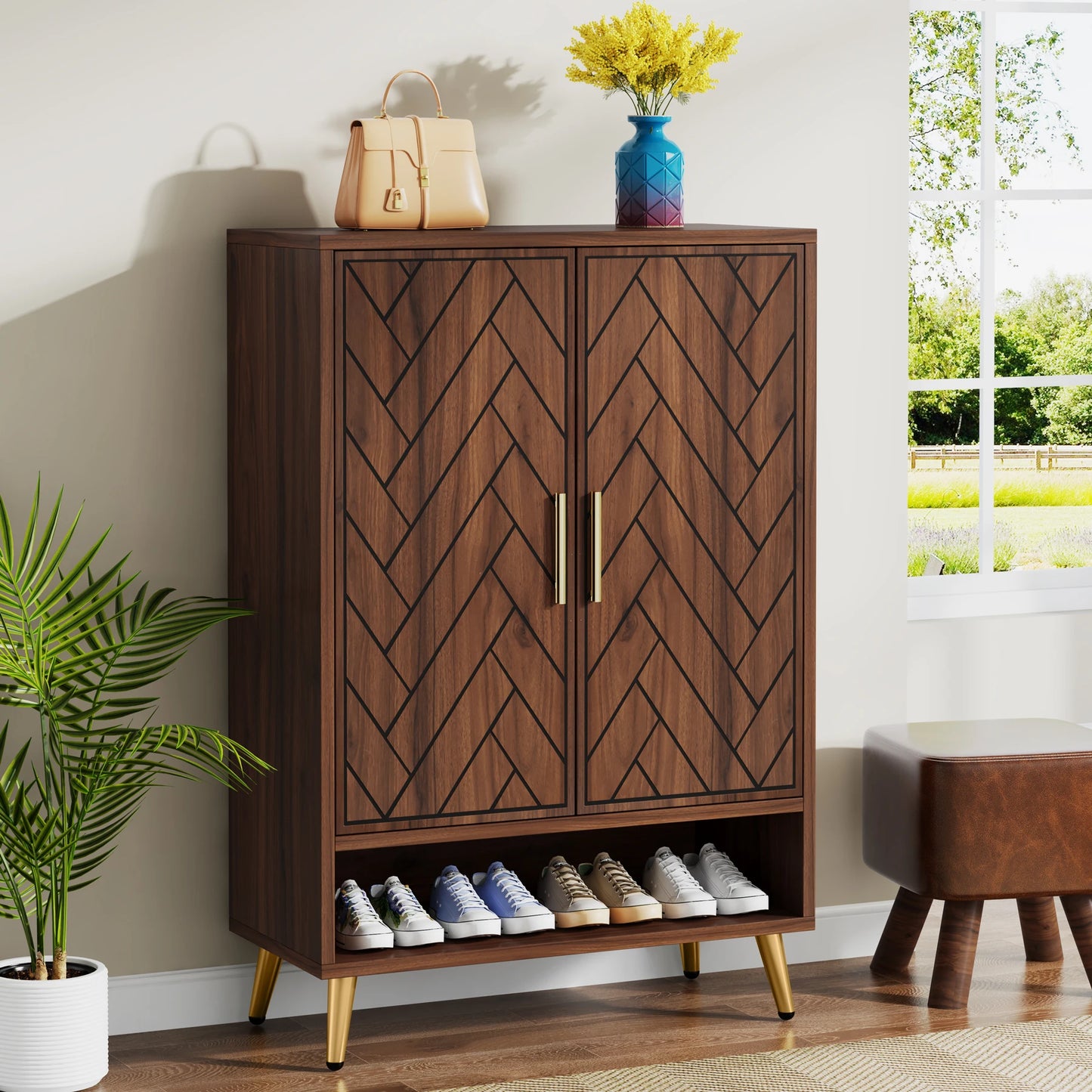 Tribesigns 6 Tier Shoe Cabinet With Doors Walnut Wood Adjustable Shelves