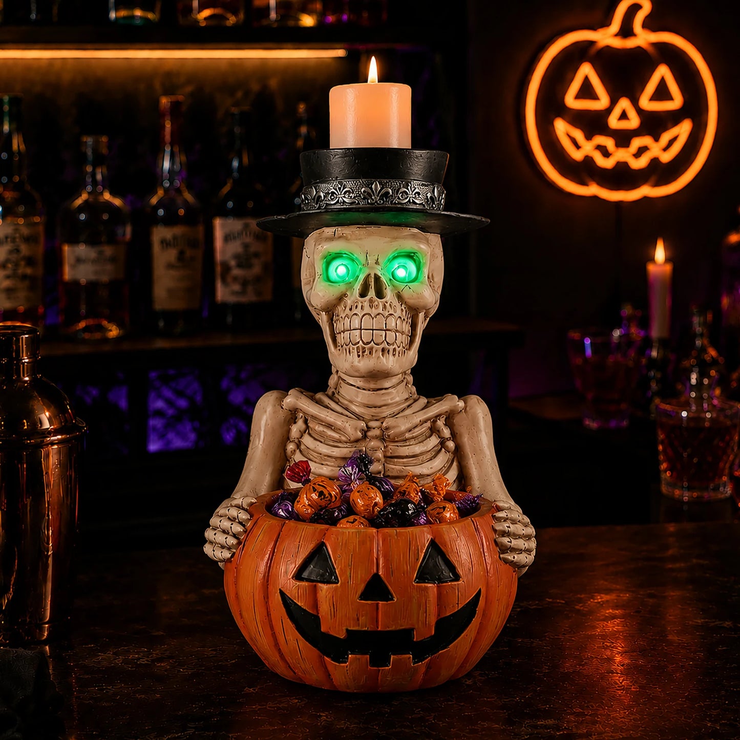 Halloween Resin Skeleton With Pumpkin Bowl Candle Holder Glow