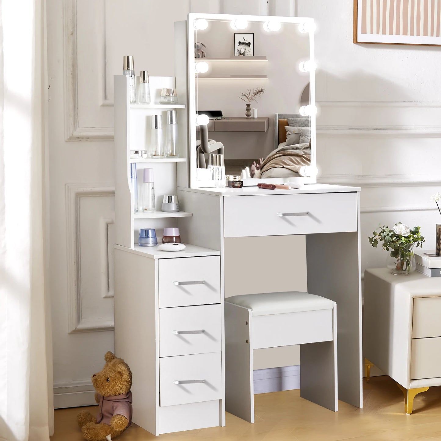 Yamissi LED Vanity Table Sliding Mirror And Four Drawers Stool