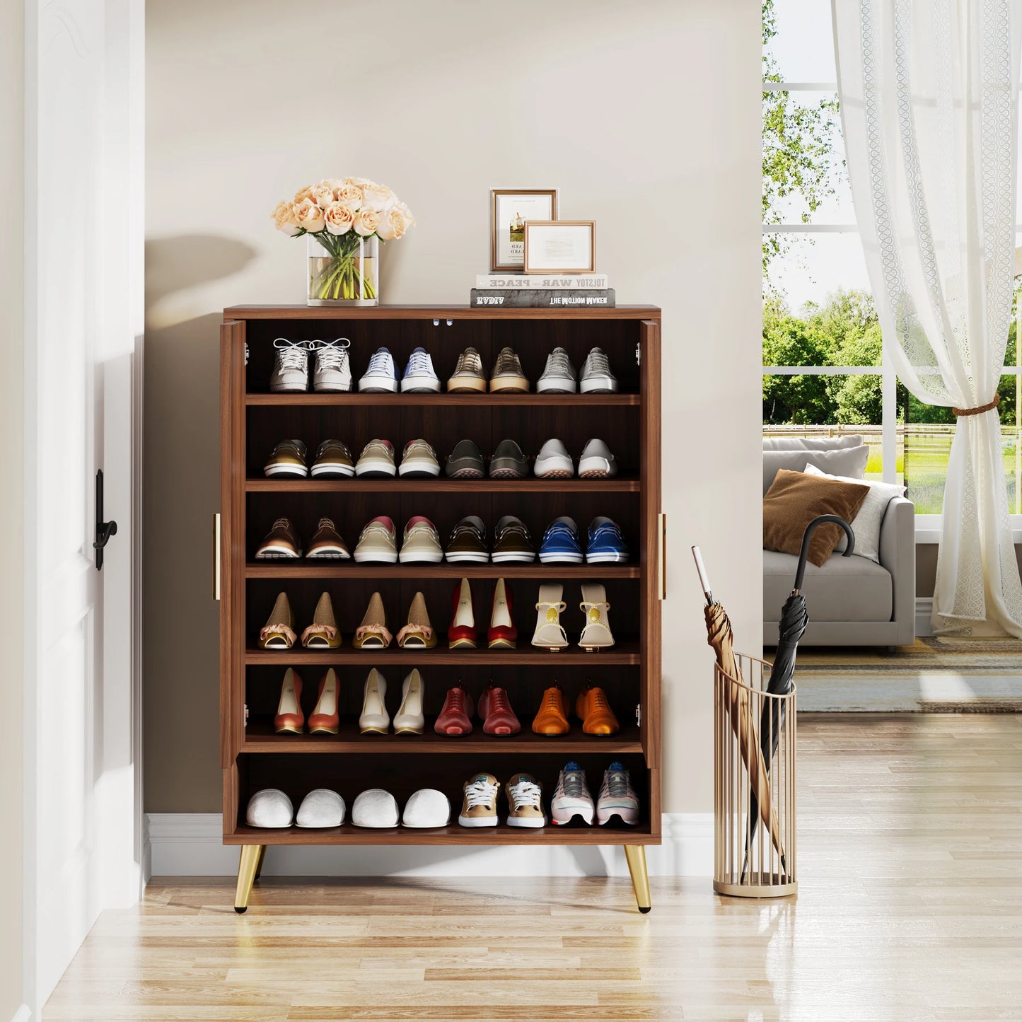 Tribesigns 6 Tier Shoe Cabinet With Doors Walnut Wood Adjustable Shelves