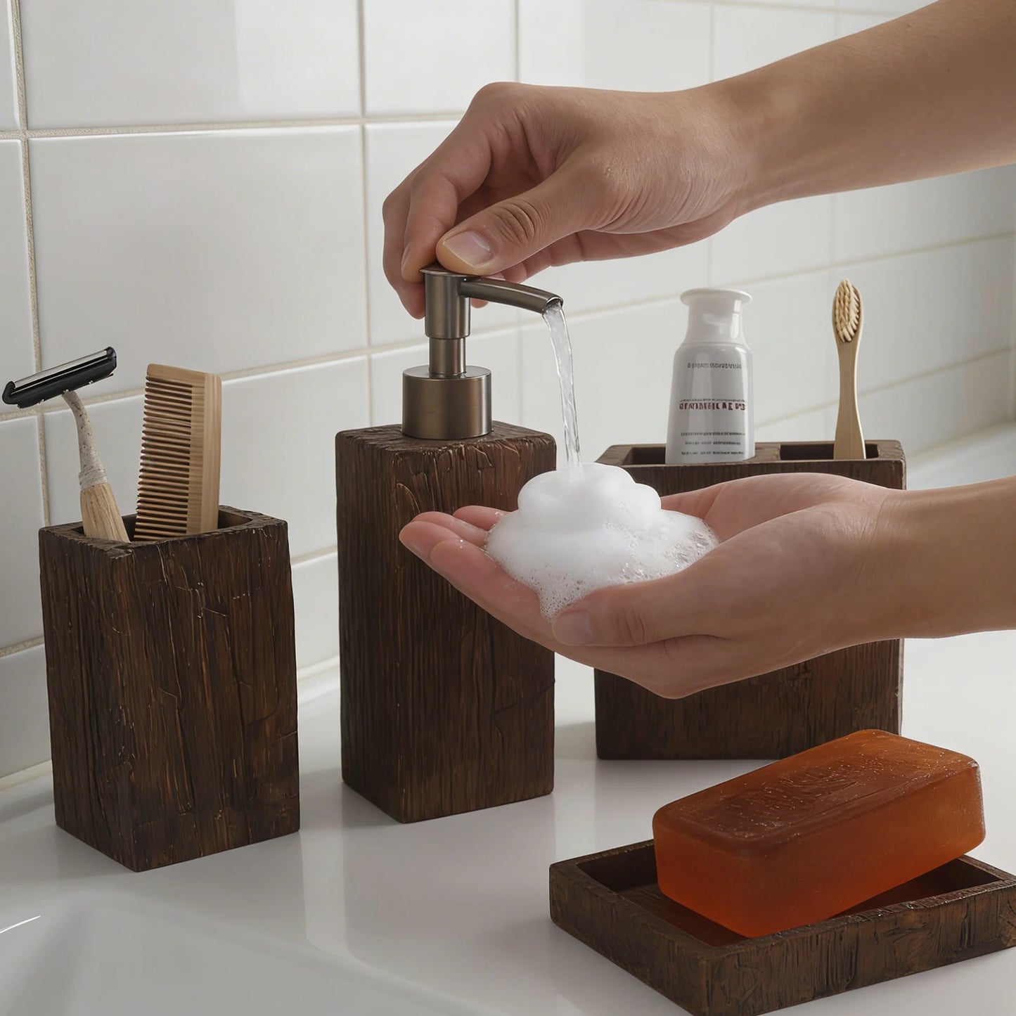 Bathroom Accessory Set 4-Piece Dispenser Toothbrush Holder Tumbler Soap Dish