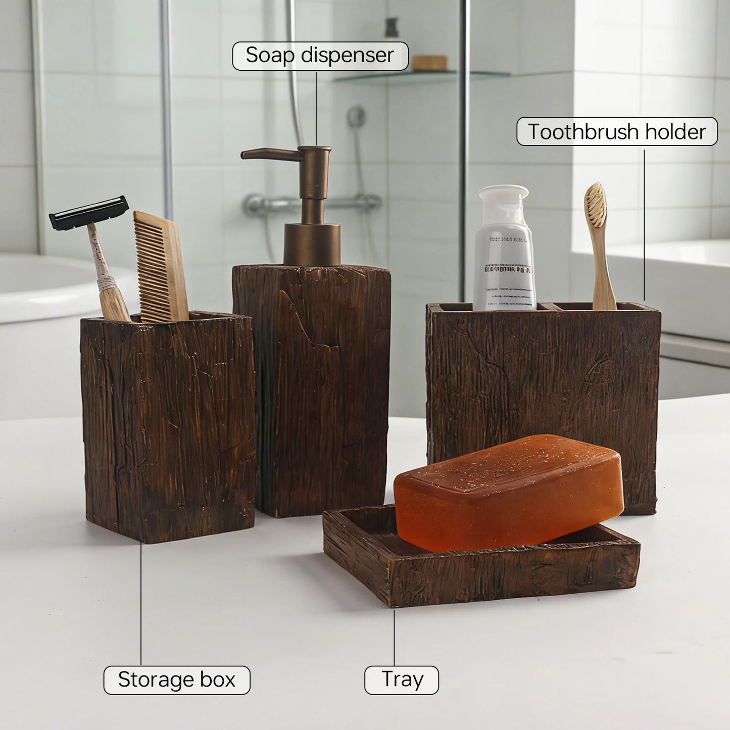 Bathroom Accessory Set 4-Piece Dispenser Toothbrush Holder Tumbler Soap Dish