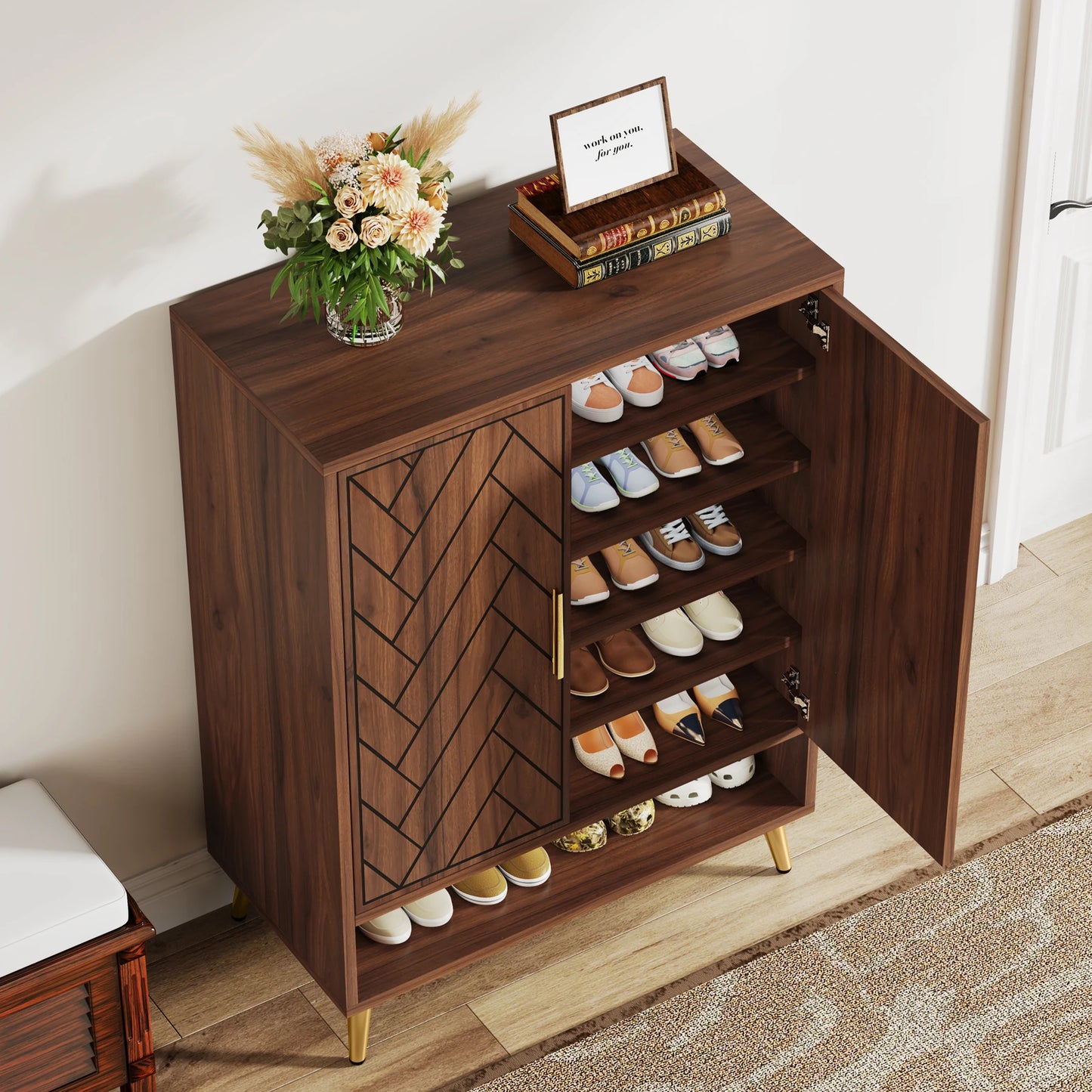 Tribesigns 6 Tier Shoe Cabinet With Doors Walnut Wood Adjustable Shelves