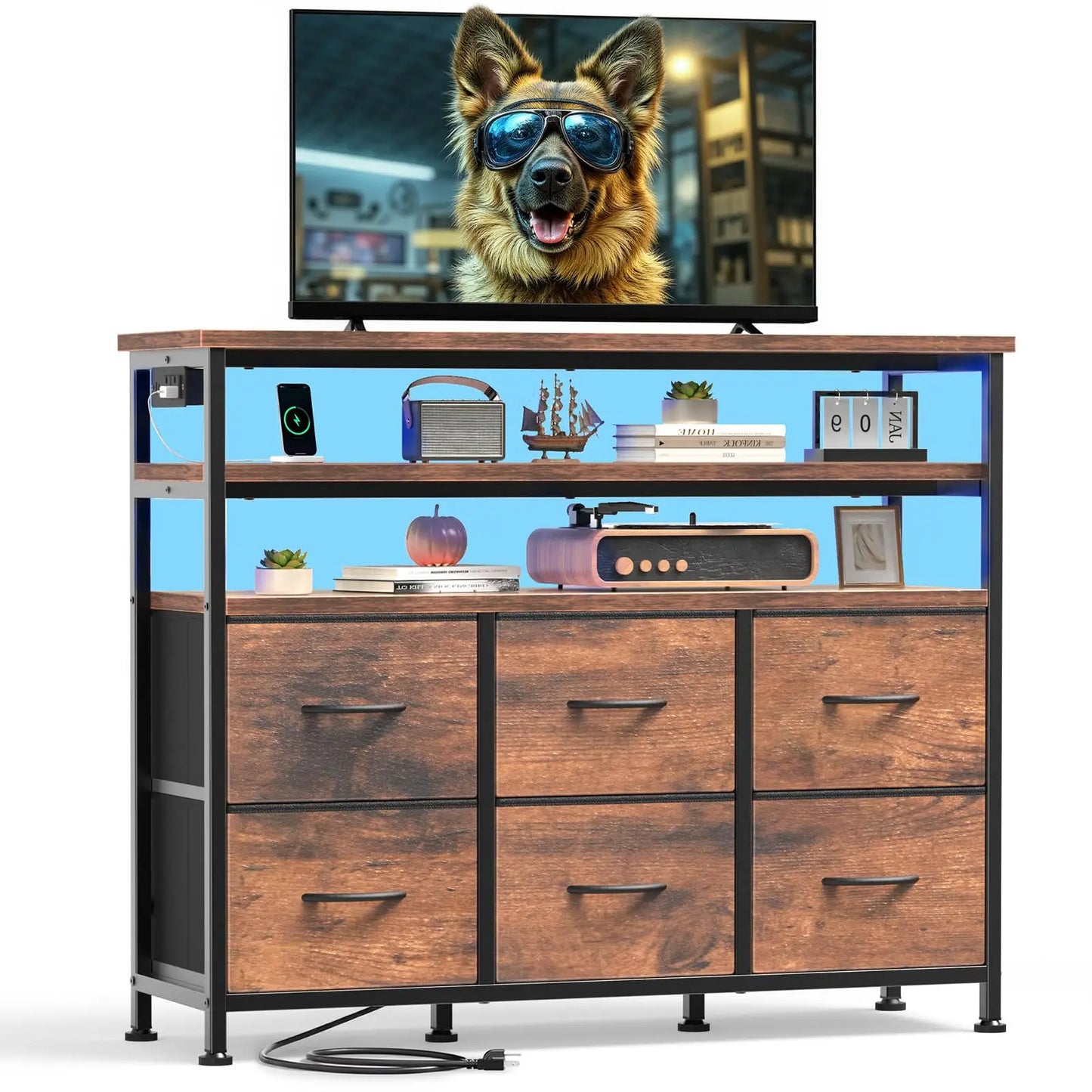 JHK TV Stand Dresser With Six Fabric Drawers And Wood Top