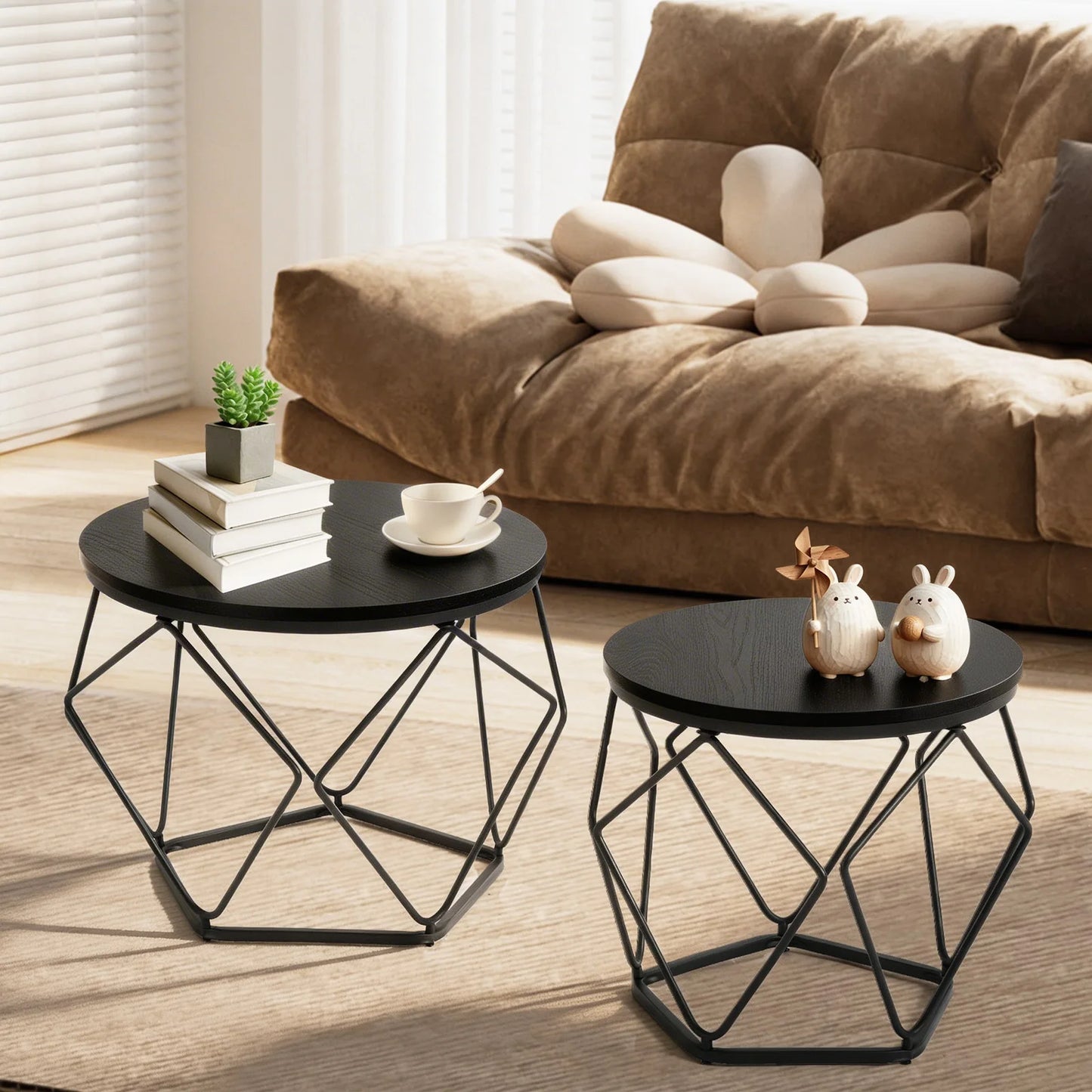 JHK Round Geometric Coffee Table Set With Nesting Side Tables