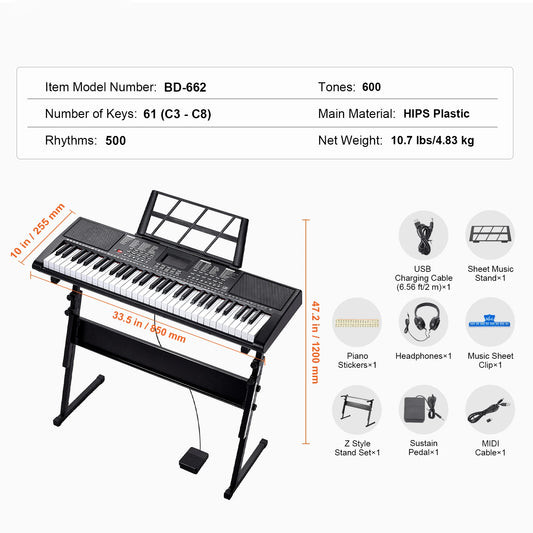 SucceBuy 61 Key Digital Keyboard Portable 200 Tones 200 Rhythms
