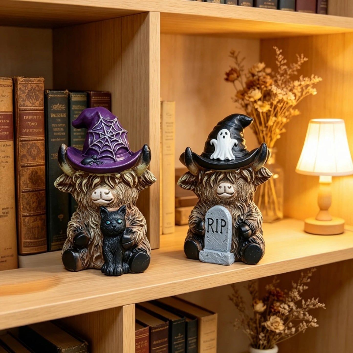 Highland Cow Resin Figurine Set For Halloween Home Decor
