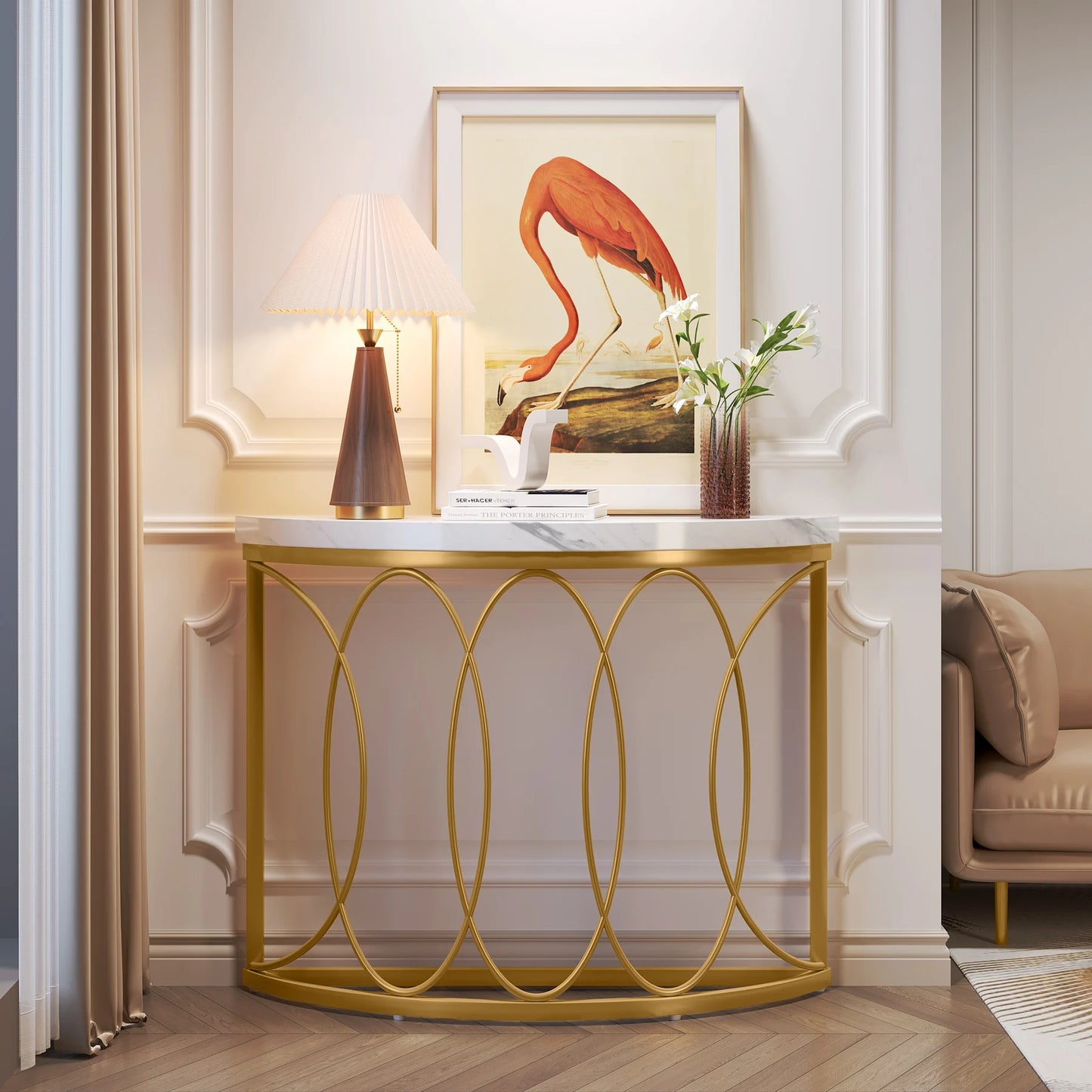 Tribesigns Modern Half Moon Console Table with Metal Frame