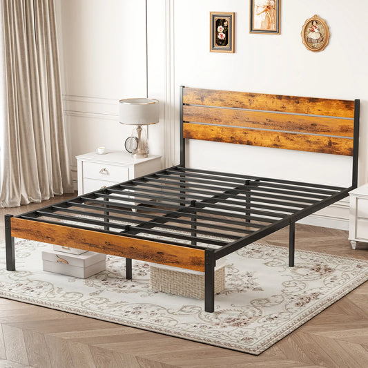 MCQ Wooden Headboard Metal Platform Bed Frame With 700LBS Slats