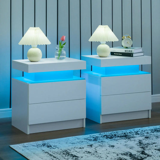 Cubehom Bedside Nightstand Set Of 2 With LED Light And Two Drawers