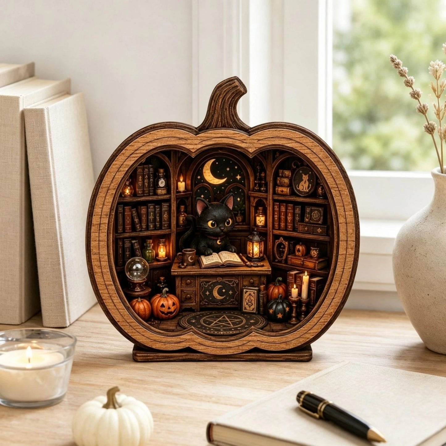Cat Bookshop Pumpkin Display Stand Resin Halloween Figurine