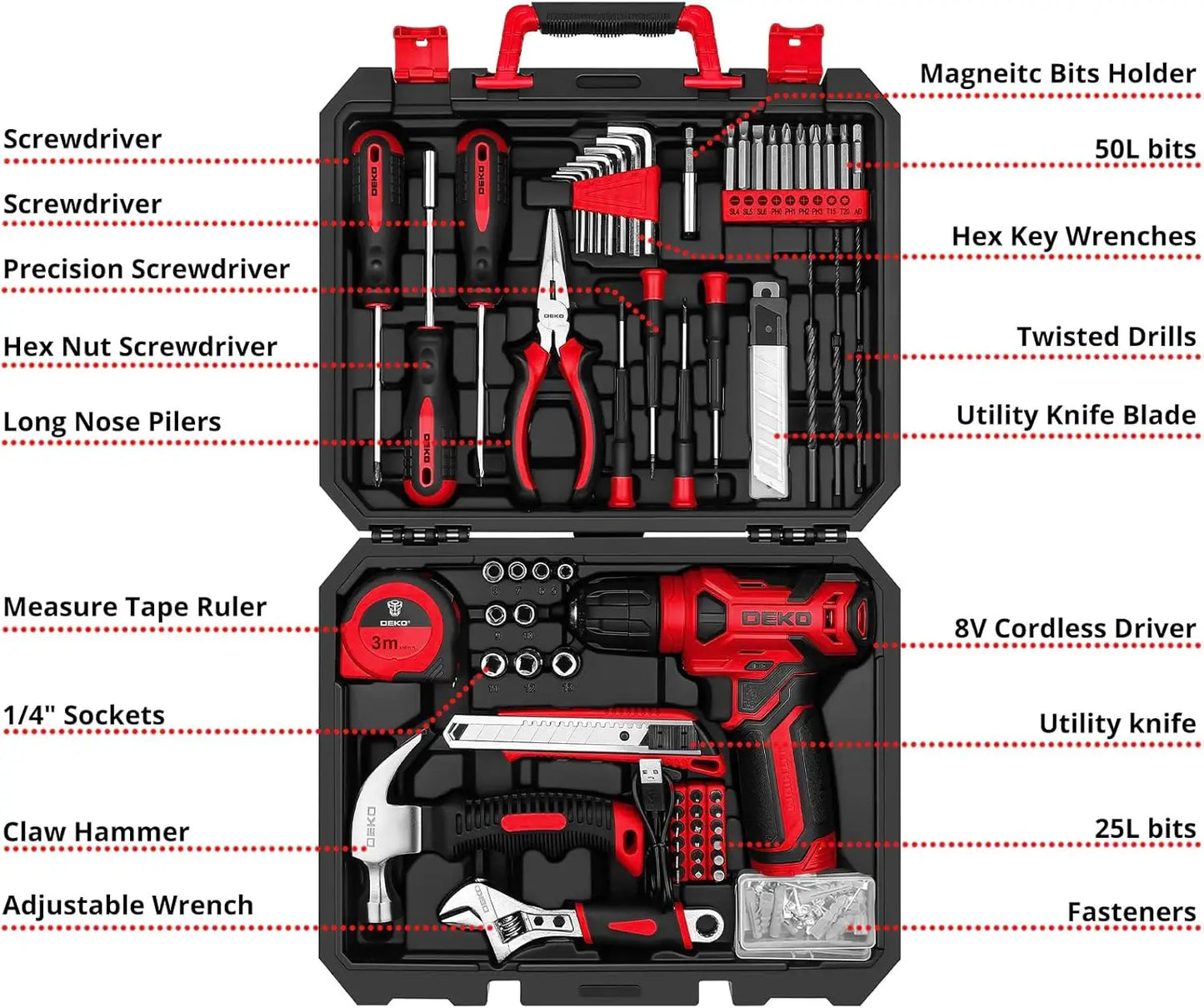 DEKO 8V Cordless Drill Tool Set 126 Piece Home Kit