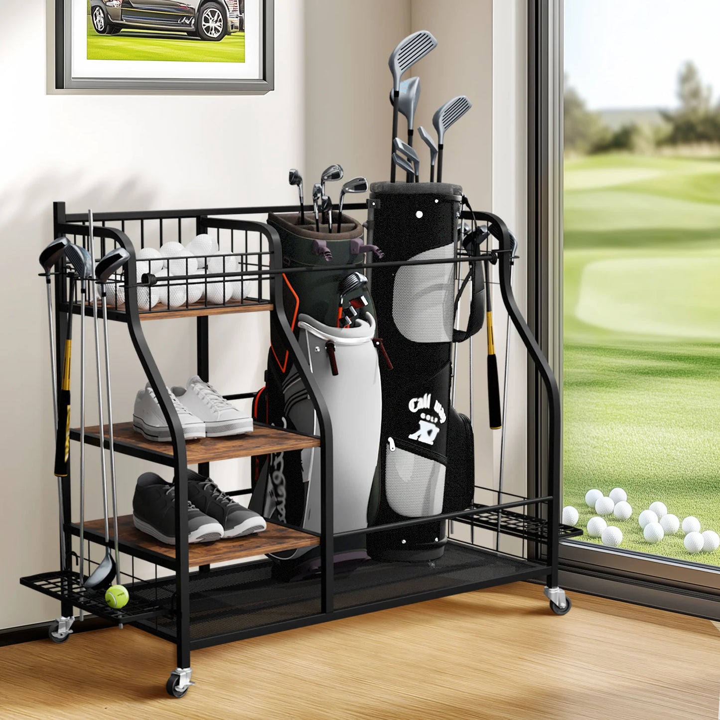 Metal Rolling Golf Bag Storage Organizer Rack With Three Shelves
