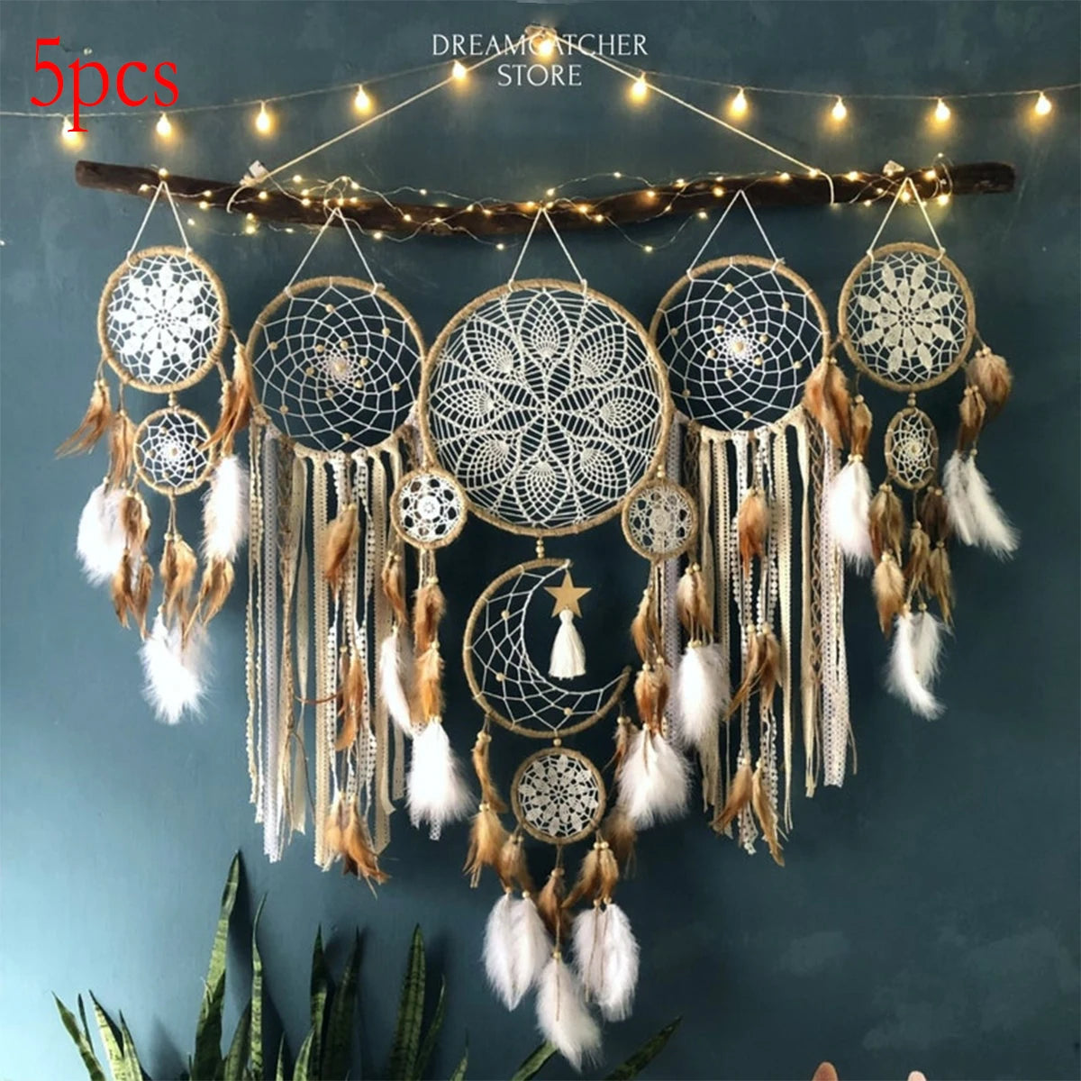 Five Piece Large Dream Catcher Moon Sun Bohemian Wall Decor