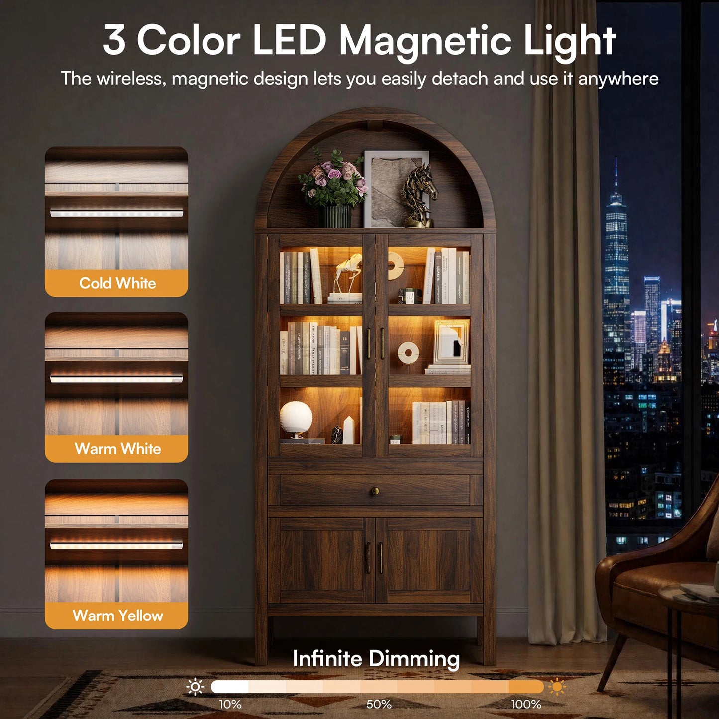 Furgle Arched Wood Storage Cabinet With Adjustable Shelves And Dimmable LED