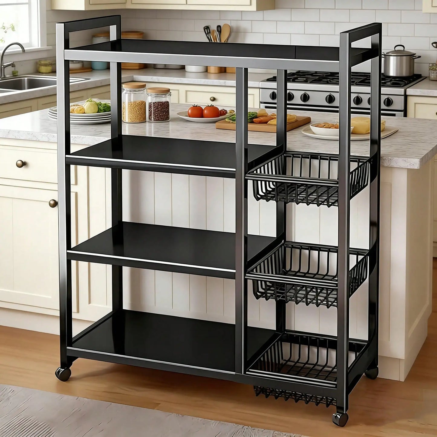 Heavy Duty Four Tier Storage Rack With Rolling Baskets Home Organizer