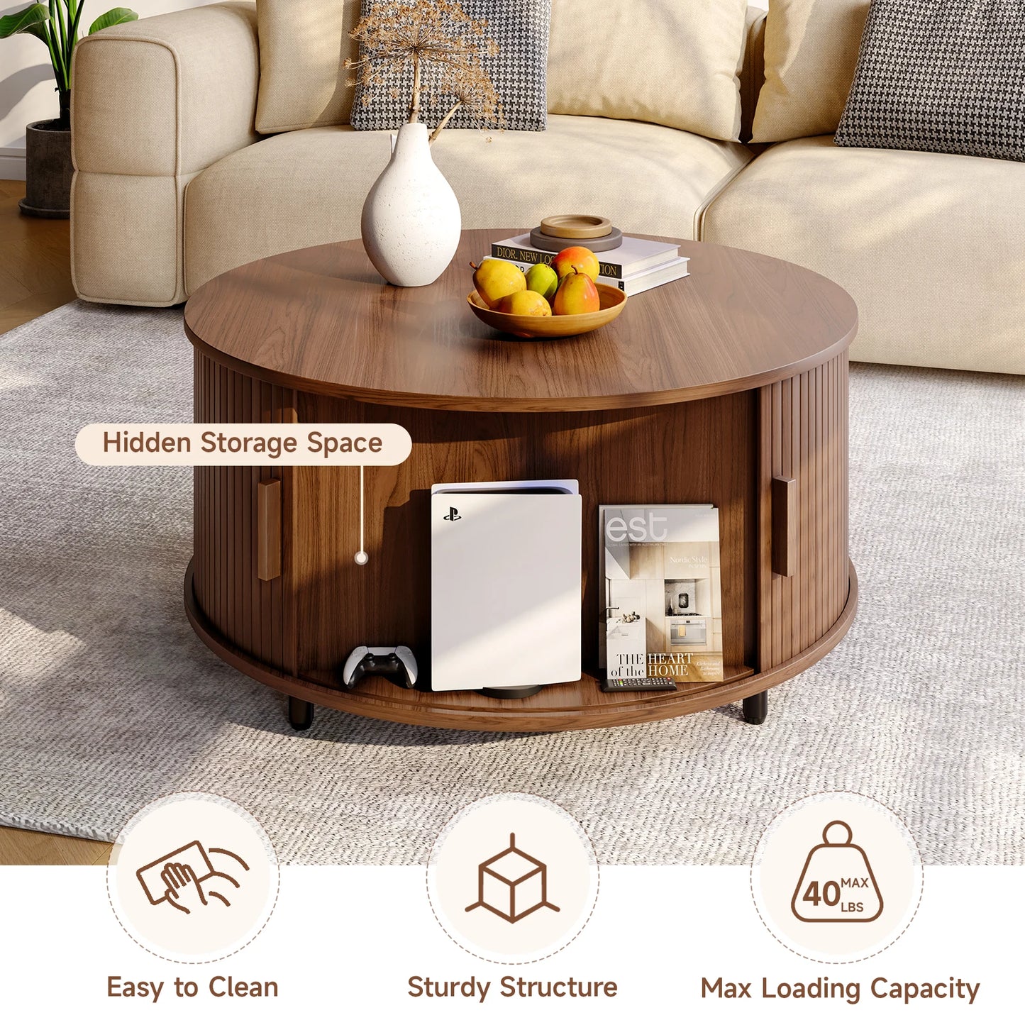 Onbrill Modern Round Coffee Table With Fluted Storage Doors