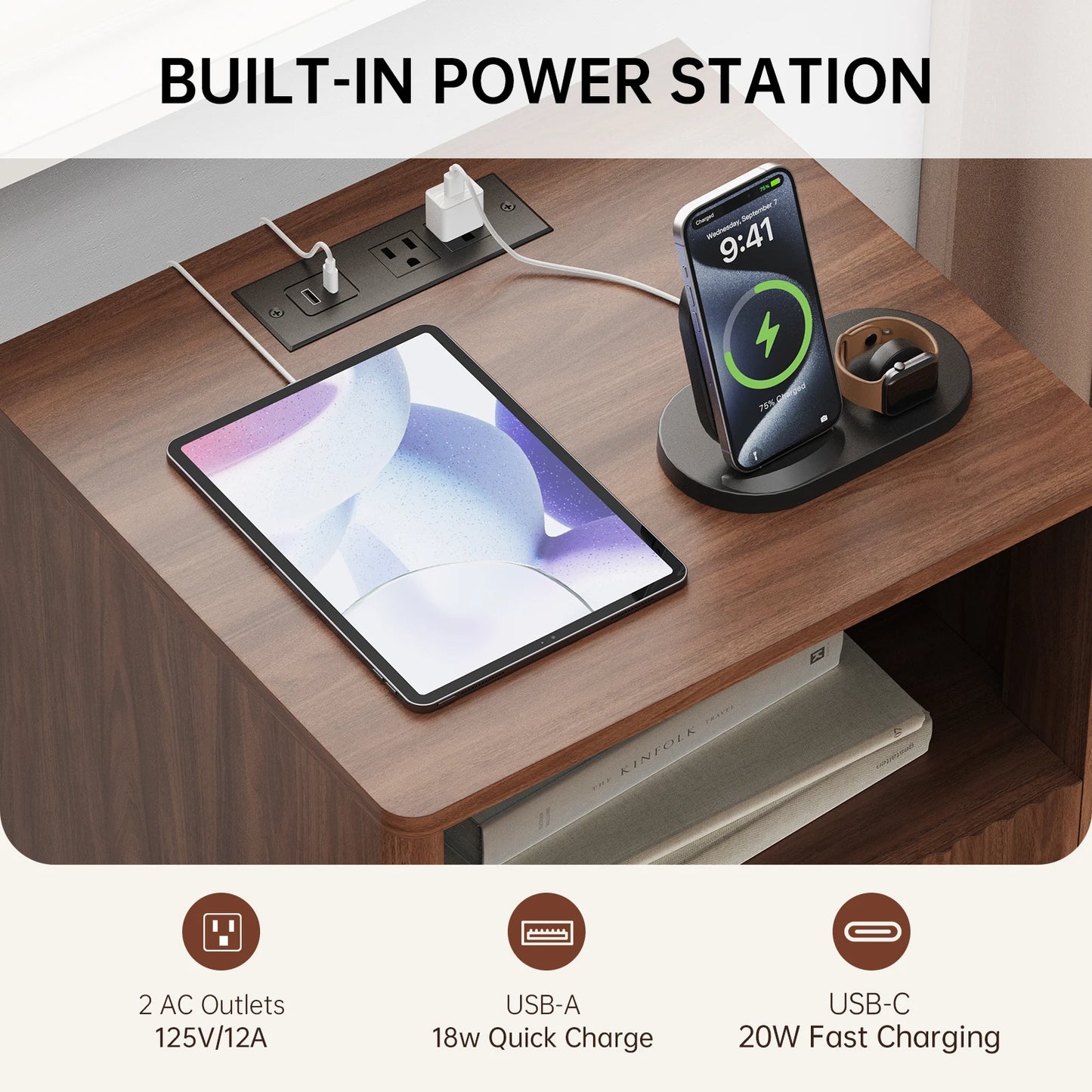 TinyNest Nightstand With Charging Station Fluted Wood Storage Drawers