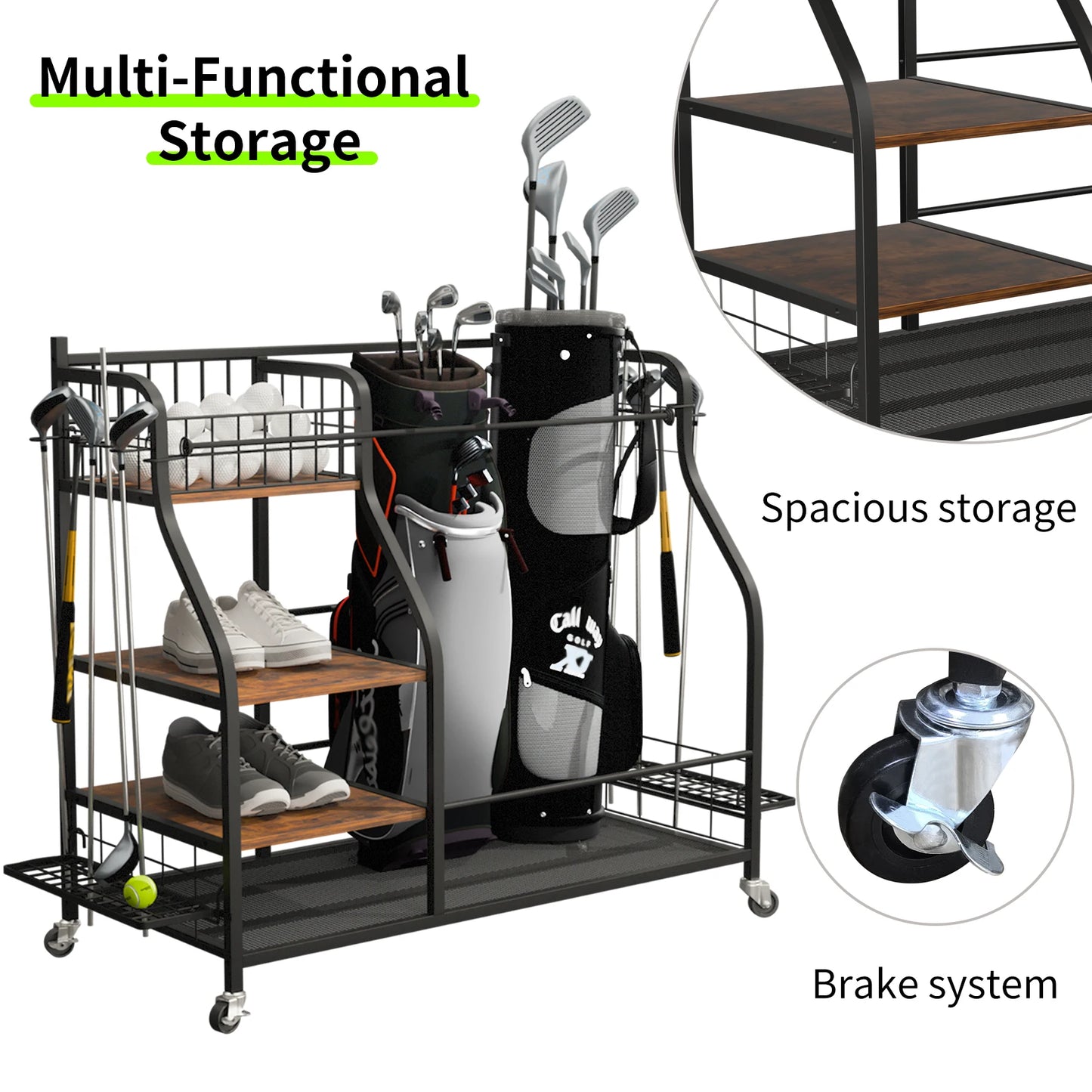 Metal Rolling Golf Bag Storage Organizer Rack With Three Shelves