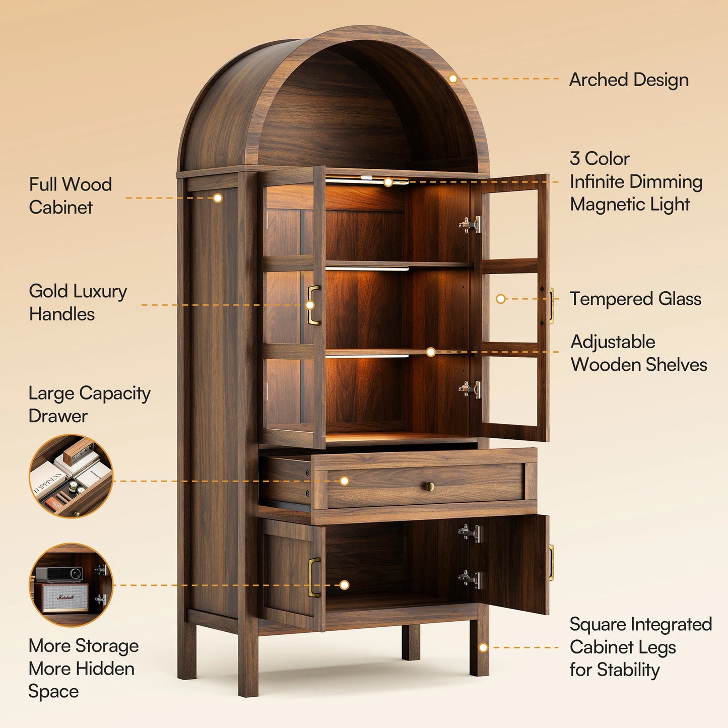 Furgle Arched Wood Storage Cabinet With Adjustable Shelves And Dimmable LED