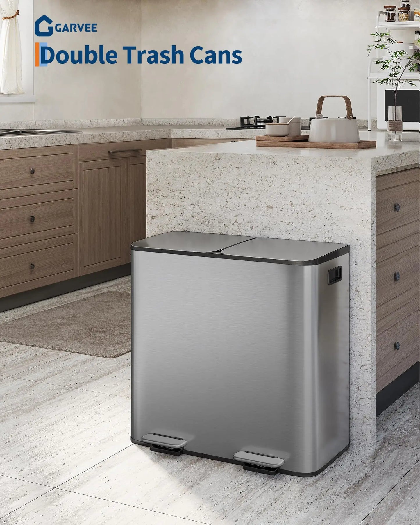 Dual Compartment Stainless Steel Trash Can With Step On Lids
