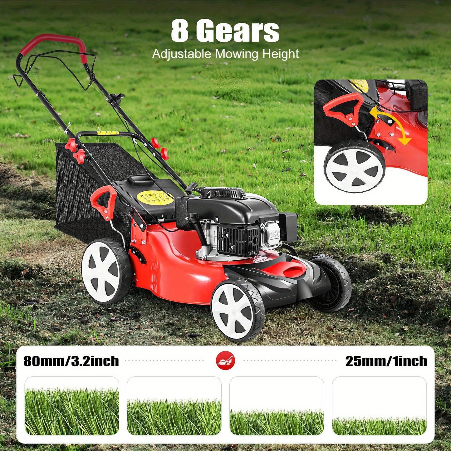 Self Propelled Gasoline Lawn Mower 140cc Four Stroke Adjustable Height