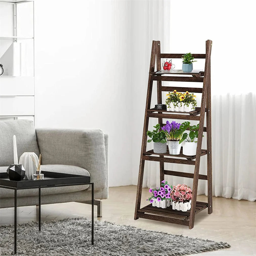 Wooden Folding Ladder Shelf Four Tier Indoor Storage Rack