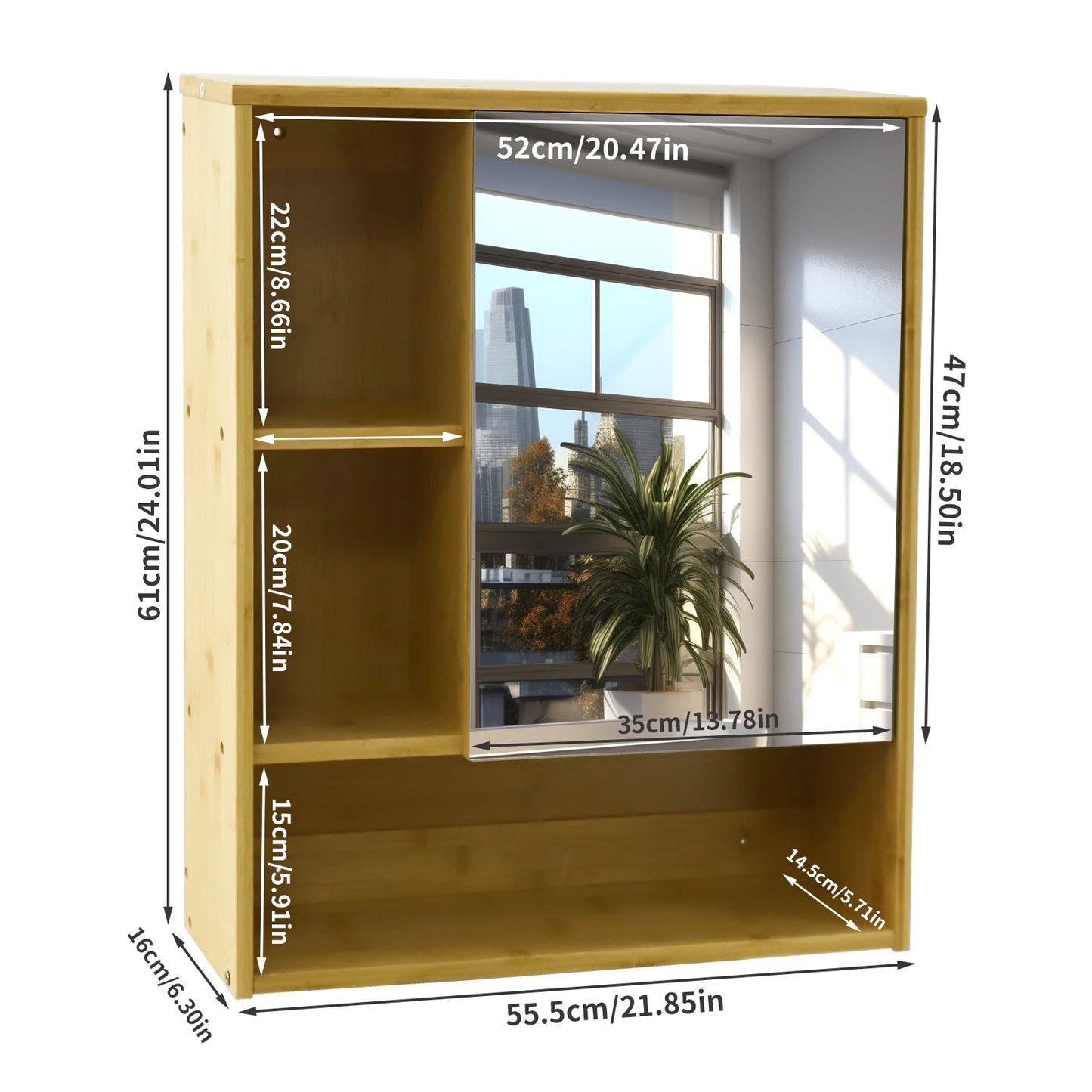 Wall Mounted Bamboo Medicine Cabinet With Five Tier Open Storage
