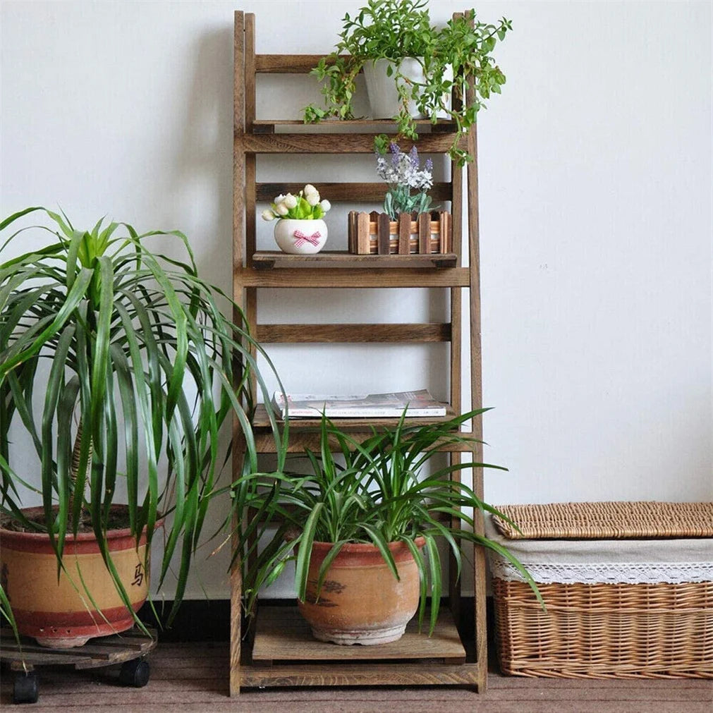 Wooden Folding Ladder Shelf Four Tier Indoor Storage Rack