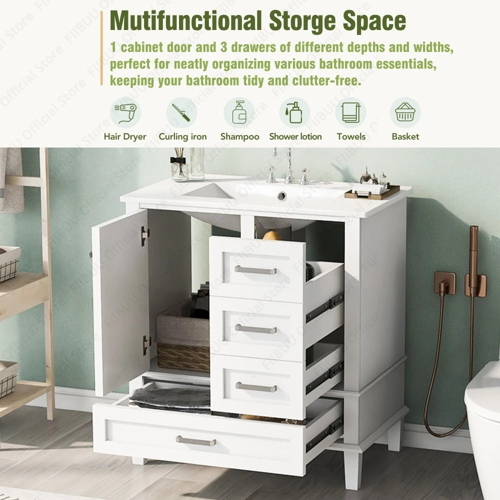 Slofy Solid Wood Bathroom Vanity With Sink And 3 Drawers